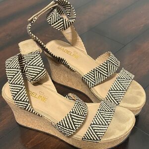 Madeline Black & Cream Woven Double-Strap Platform Wedge Sandals